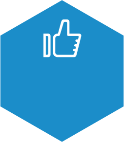 white thumbs up inside a light blue hexagon